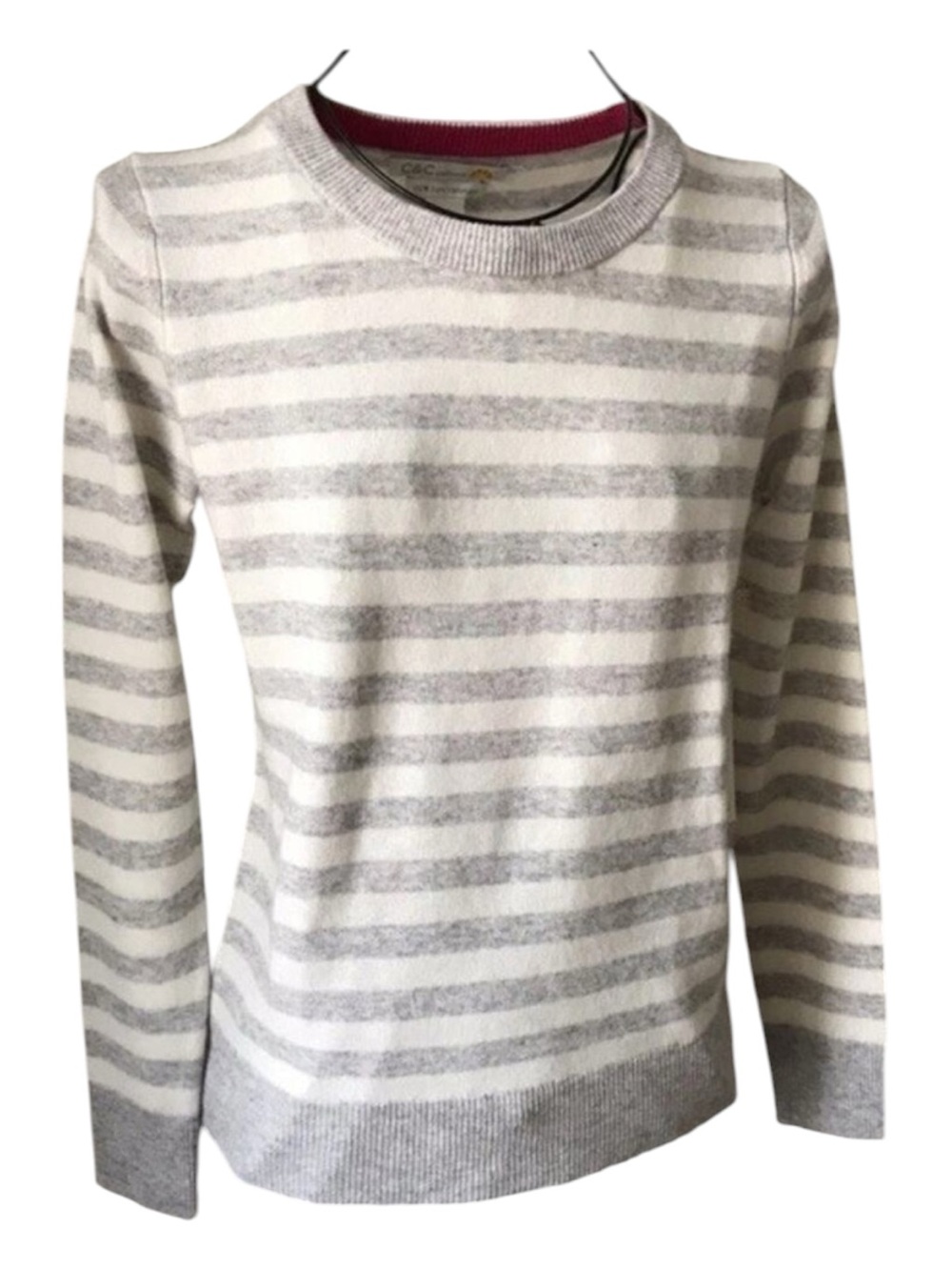 C&C California 100%
Cashmere Sweater Women
M Gray White Striped
Crewneck 2-Ply